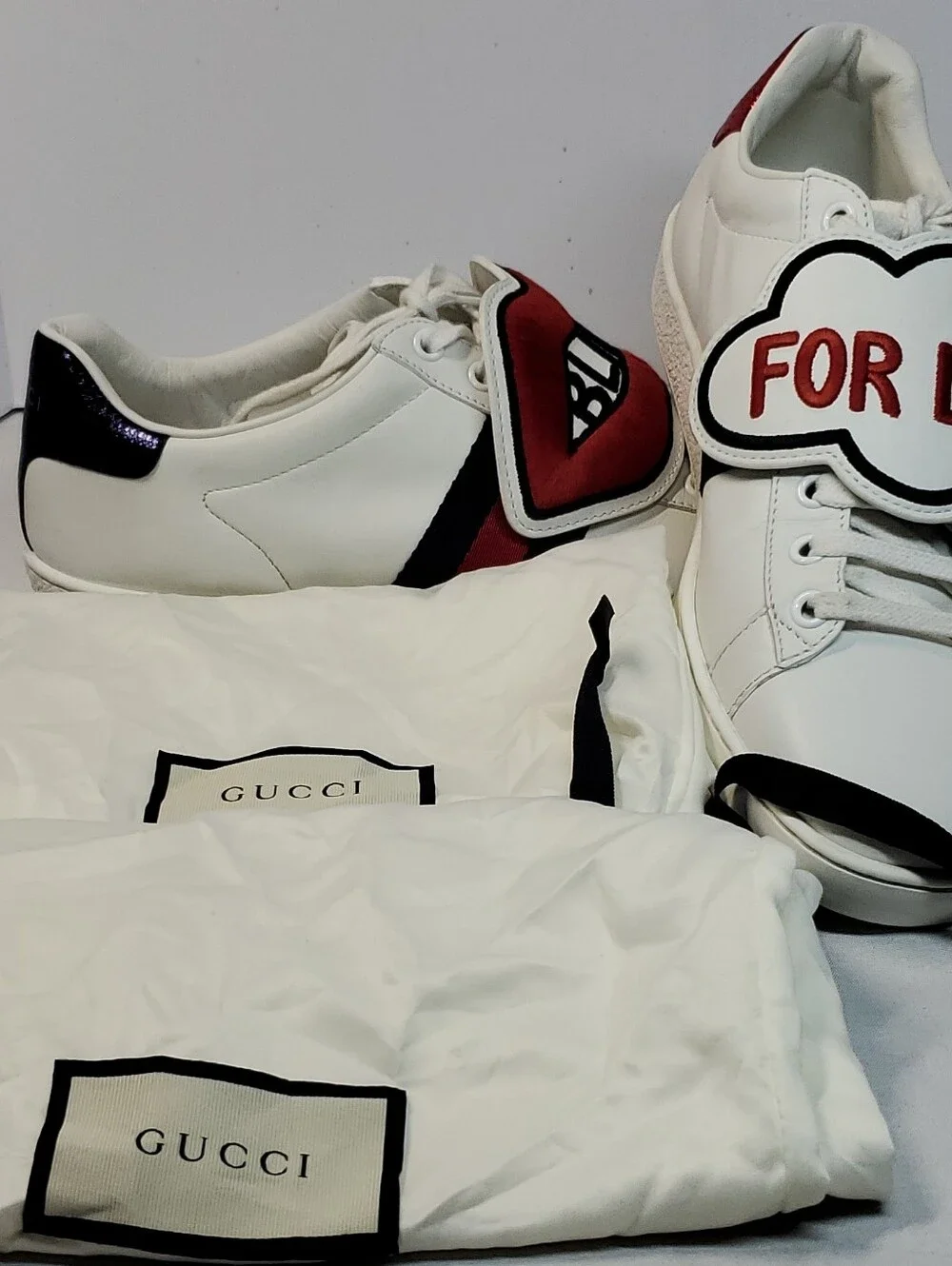 Gucci Ace Blind for Love White Leather Low Top Lace-Up Sneakers Red/Blue Mens 7